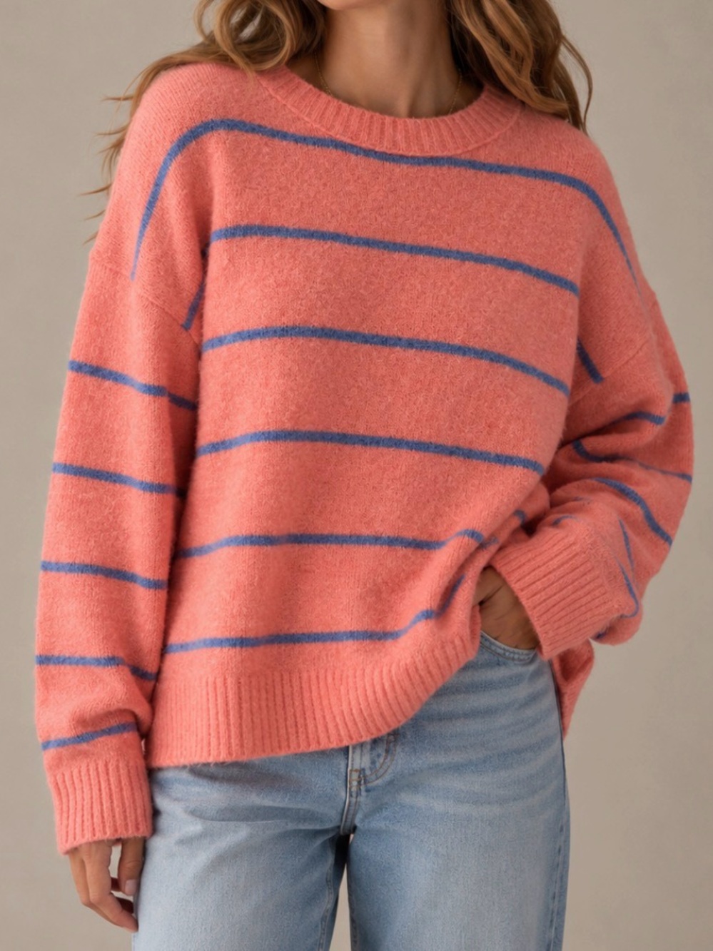 J. Crew Coral Pink Crewneck Sweater with Blue Stripes - Picture 1 of 5